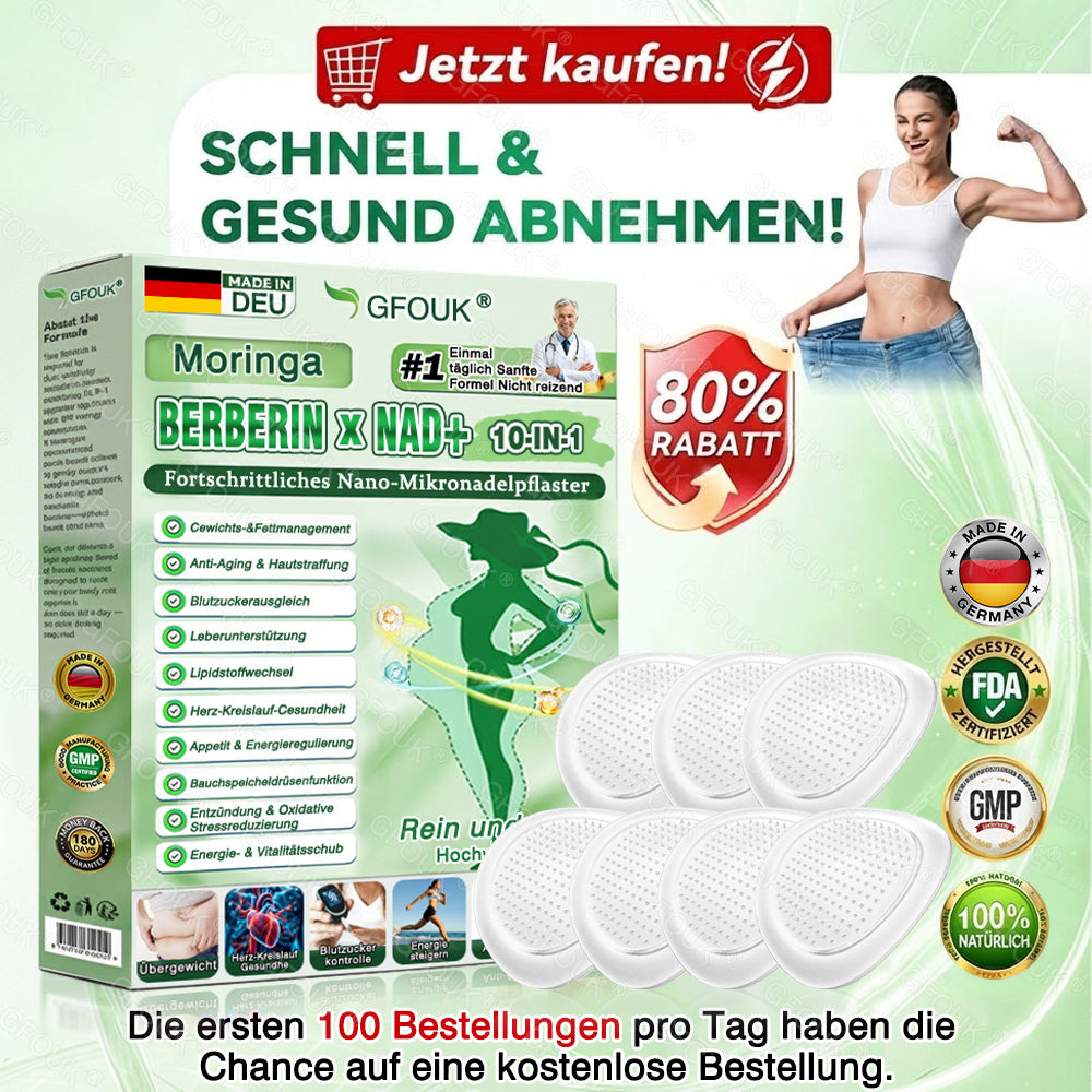 🇩🇪Offizieller Shop | 💕 GFOUK® Moringa Berberinex NAD+ 10-in-1 Nano-Mikronadel-Patch (Nur einmal täglich, sichtbare Veränderungen in 7 Tagen) ✅ Für Übergewicht, lockere Haut, Diabetes, Schlafapnoe, Gelenkprobleme und mehr