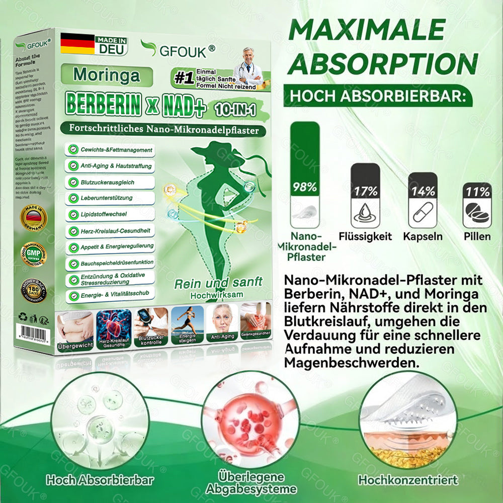 🇩🇪Offizieller Shop | 💕 GFOUK® Moringa Berberinex NAD+ 10-in-1 Nano-Mikronadel-Patch (Nur einmal täglich, sichtbare Veränderungen in 7 Tagen) ✅ Für Übergewicht, lockere Haut, Diabetes, Schlafapnoe, Gelenkprobleme und mehr