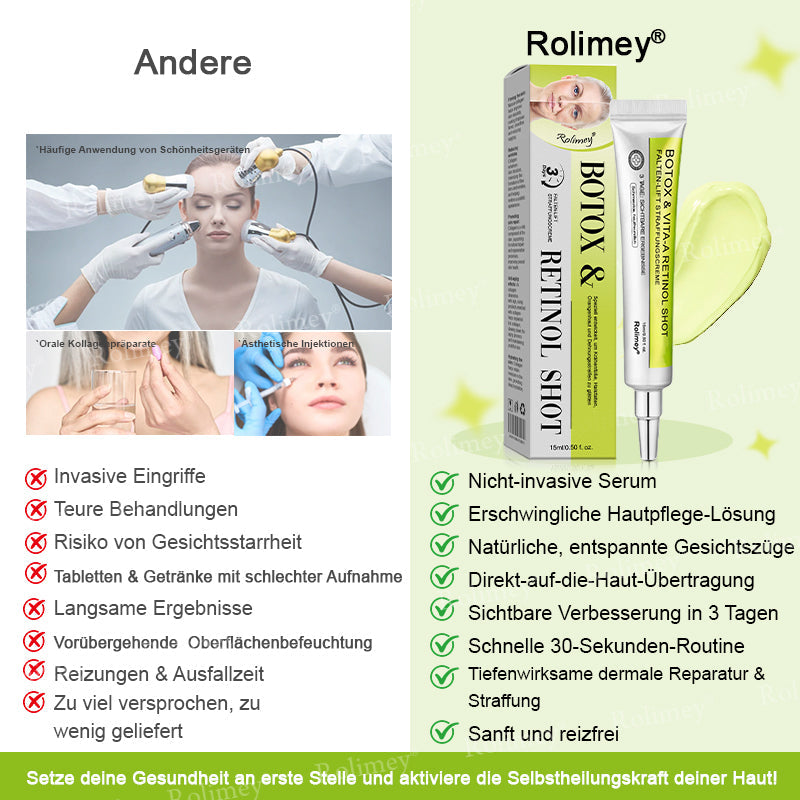 🛡️Jetzt jugendliche Haut zurückgewinnen Rolimey® Botox & Vita-A Retinol Shot Falten-Lift Straffungscreme