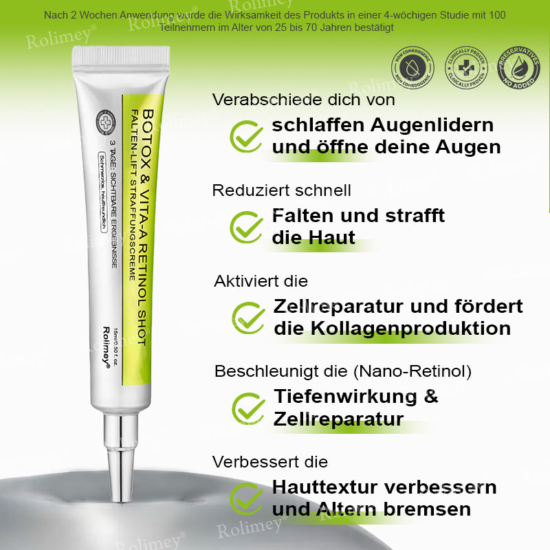 🛡️Jetzt jugendliche Haut zurückgewinnen Rolimey® Botox & Vita-A Retinol Shot Falten-Lift Straffungscreme